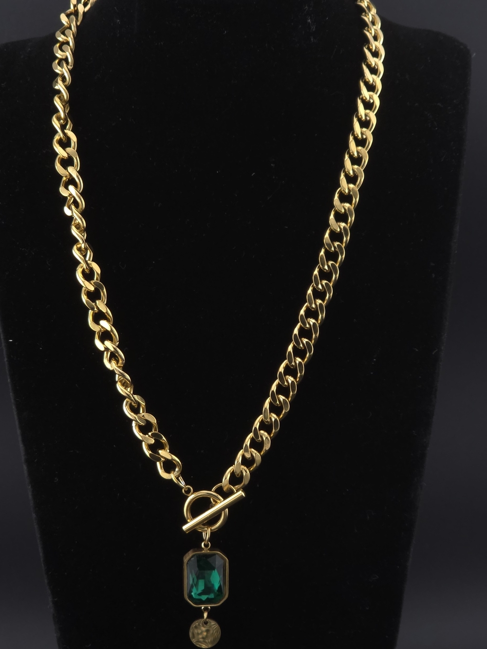 Gold-Tone Chain Necklace with Green Charm  Pendant - Picture 6 of 6